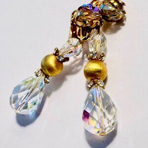 Vintage Mid-Century Aurora Borealis Crystal Dangle Earrings, Clip